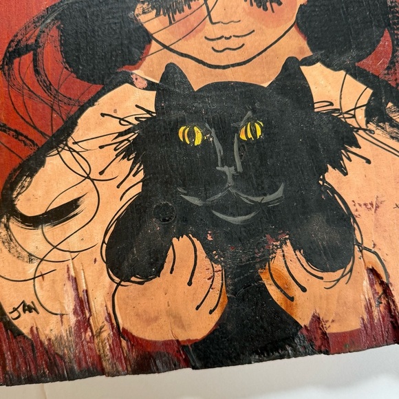 Vintage 60s/70s Jan McPherson Original Goth Girl Painting on Wood - Picture 4 of 9